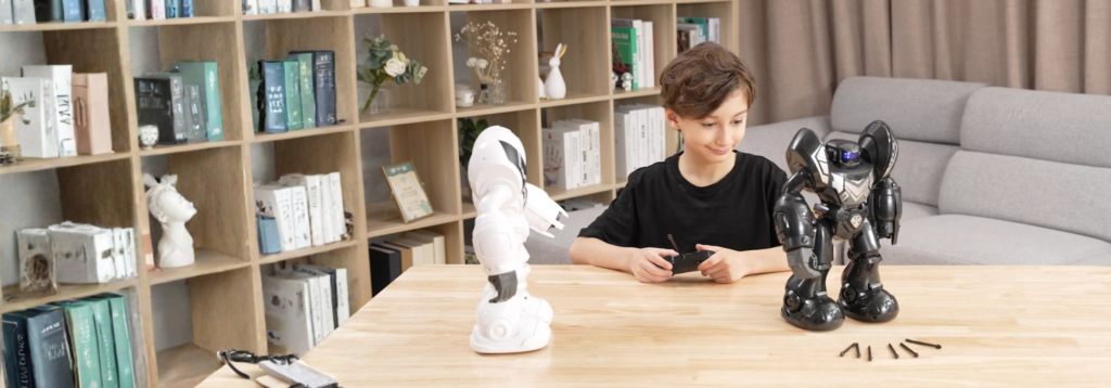 kid playing with robots